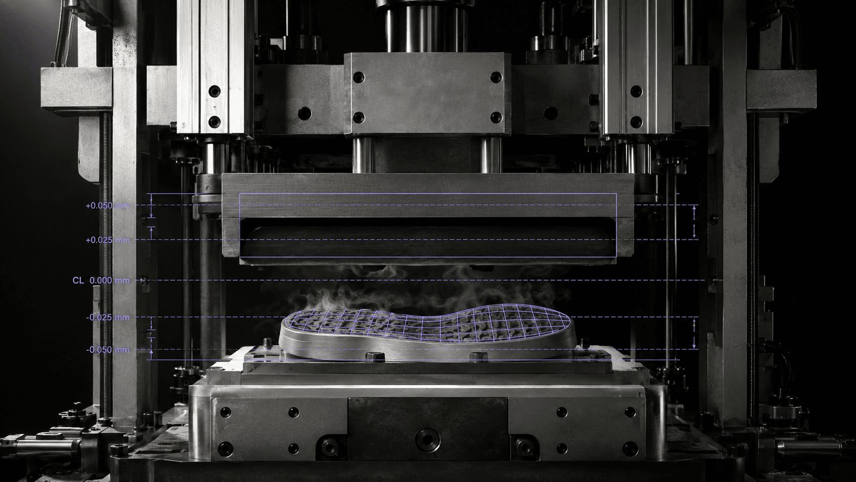 A hot-stamping press mid-cycle, with the tolerance window bracketed around a named centreline and the deformation field drawn over the part.